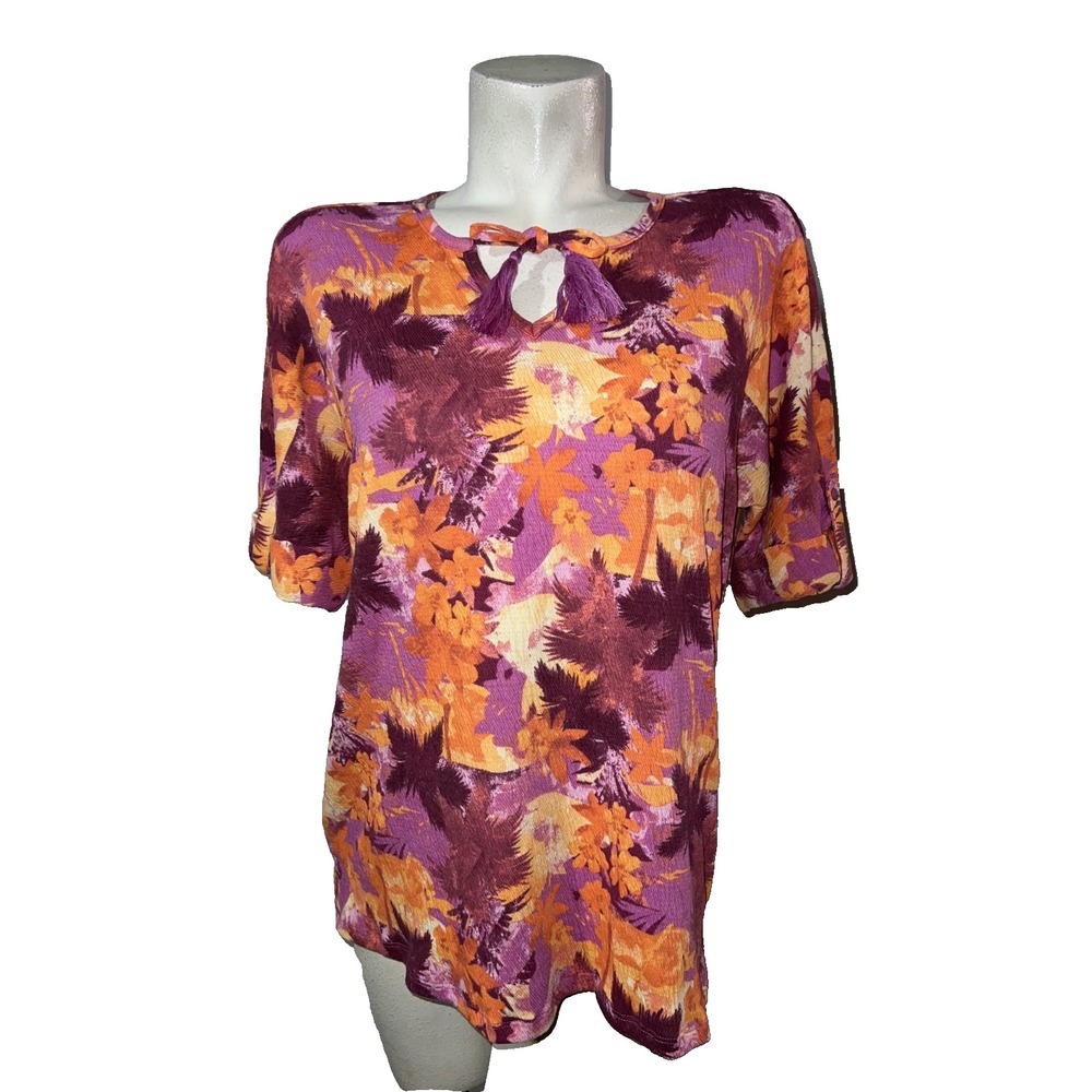 d&co. BEACH Womens Tropical Palm Print Linen Blend Tassel Tie Neck Top‎ Purple S